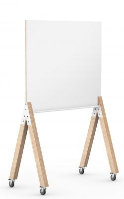 What if We Fly Taskboard: Freistehende, mobile Medienwand mit Whiteboard und hellem Holzgestell auf Rollen.